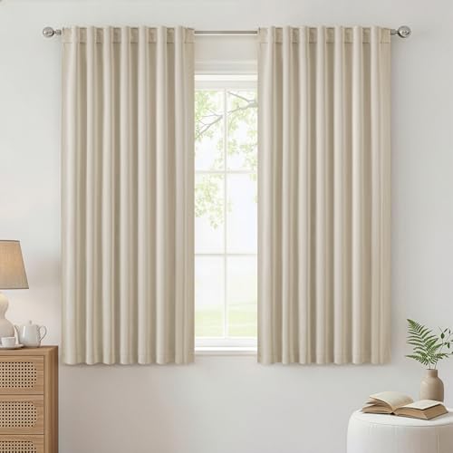 Image of ANRODUO Cream Beige Back Tab Blackout Curtains 63 Inch Long 2 Panels | Rod Pocket,Thermal Insulated Room Darkening Light Blocking Curtains for Living Room Bedroom Privacy,W42xL63