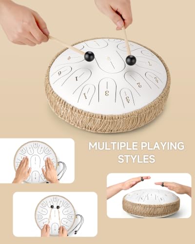 Donner Steel Tongue Drum, 12 Inches 15 Notes Handpan Drum with Mallets, Music Book and Carry Backpack, Hand Pan for Adults with Finger Picks and Note Stickers, Gift Idea with Greeting Card, White - image 5