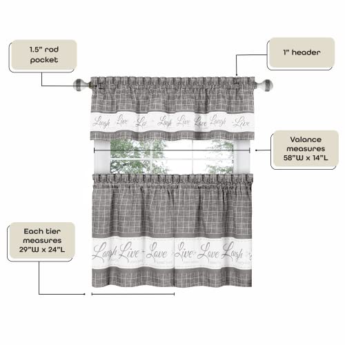Tier And Valance Window Curtain Set - 58 Inch Width, 24 Inch Length - Live, Love, Laugh (Grey) - Light Filtering Drapes For Kitchen, Bedroom, Living & Dining Room By Achim Home Decor #TOP4