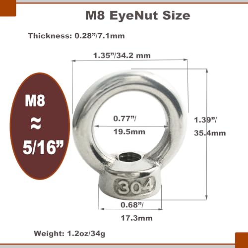 Image of M8 (5 /16 inch) EyeNut Stainless Lifting Eye Nuts Thread Ring Shoulder for Mounting Anchor Point,10 Packs