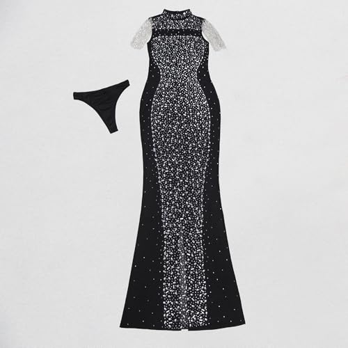 Image of Jigfar Women Sexy Elegant Rhinestone Mesh See Through Party Club Night Split Bodycon Formal Maxi Dress