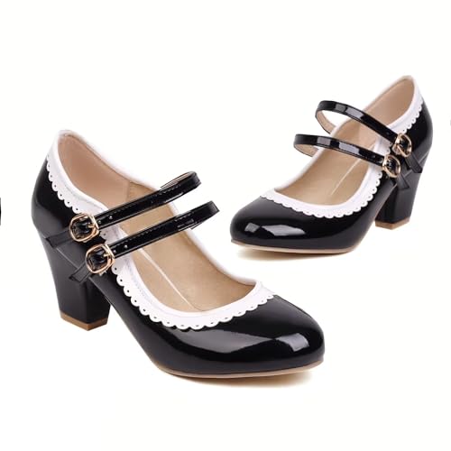 Women's Low Heels Mary Janes Shoes Chunky Closed Toe Straps Block Heels Sweet Dress Wedding Party Pumps Shoes Female Large Size2