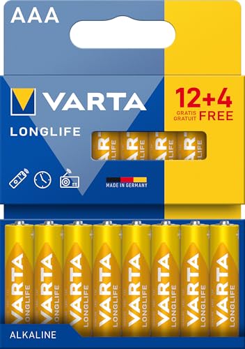 VARTA Longlife - Pilas alcalinas AAA (16 Unidades, 1,5 V, Ideal para cámara Digital, Controlador, Monitor de presión Arterial Embalaje sin plástico)