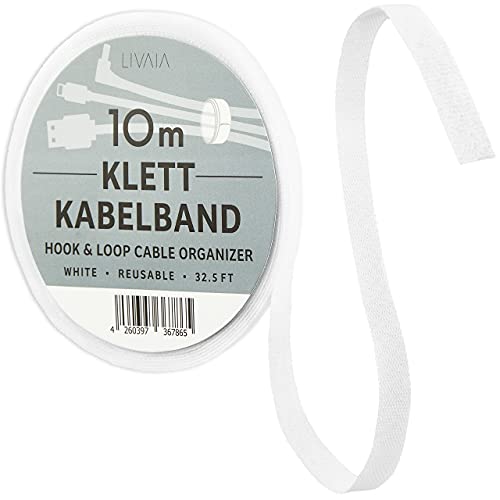 Klett Kabelbinder Wiederverschließbar: 10m Klettband Kabelbinder weiß für einfaches Ordnen von Kabeln – Kabel Organizer, Kabelmanagement – Klettverschluss Kabelbinder Klett Selbstklebend von LIVAIA
