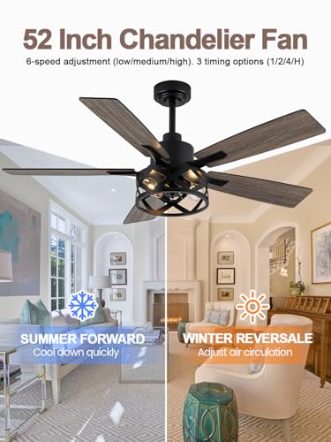 Image of 52 inch Farmhouse Rustic Caged Chandelier Fan with Light