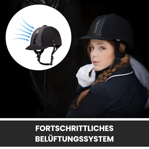 Start Sport+ Reithelm Kinder Mädchen, Reithelme für Kinder, Reitkappe Mädchen, Reiterhelm Damen, Reitkappe mit Be- und Entlüftungssystem, Pferde Helm für Kinder (Schwarz/Glänzend/Lack, L)