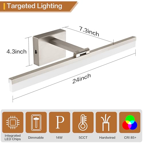 Image of SOLFART 24 inch LED Vanity Lights Brushed Nickel Bathroom Light Fixture Bathroom Vanity Lights Over Mirror Vanity Lighting Fixtures 5 Color Temperature Dimmable Led Light Bar 5CCT