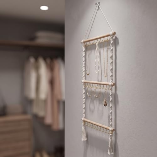 Boho Hanging Jewelry Organizer&30 Hooks, Necklace Holder, Handmade Woven - image 6