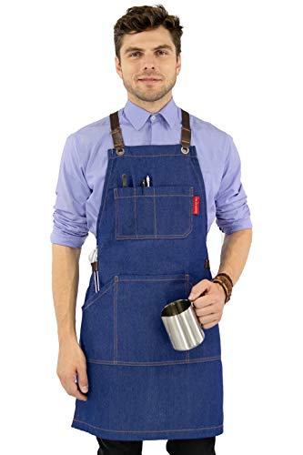 Under NY Sky Essential Blue Denim Apron – Cross-Back with Leather Reinforcement –