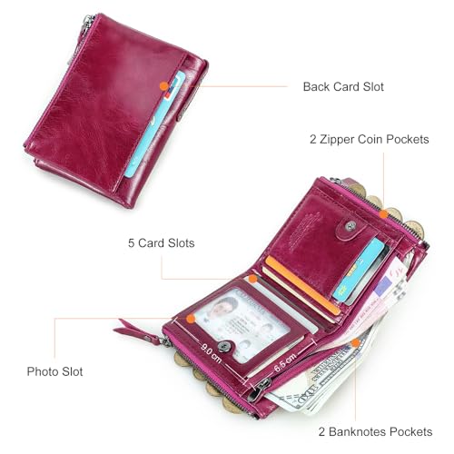 Image of CONTACTS Soft Leather Wallet for Women Small Bifold Coin Purse Double Zipper Card Holder with RFID Blocking (Purplish Red)