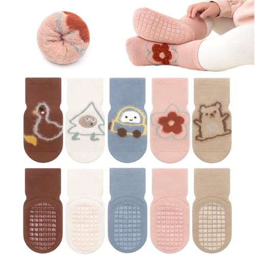 YANWANG 5 Paia Calzini Antiscivolo in Cotone Spesso per Neonati Calzini Termici Invernali per Bambini e Bambine(Flower,M:1-3Y)