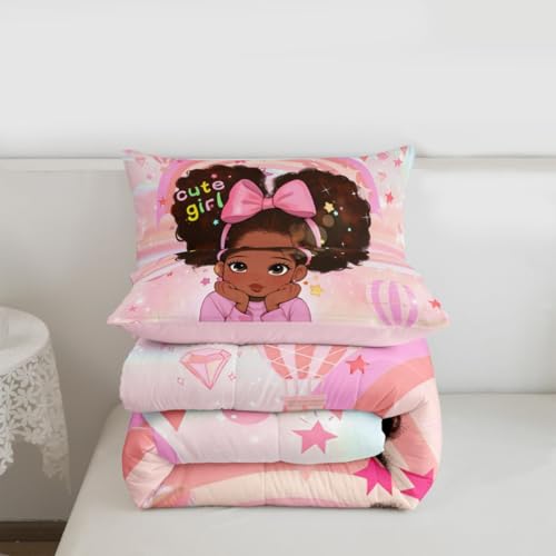 Image of Erosebridal Pink Black Girls Queen Bedding Set Magical African American Comforter Set for Nursery Afro Little Girls Comforter Cute Room Decor Melanin Bedroom Decor (1 Comforter, 2 Pillowcases)