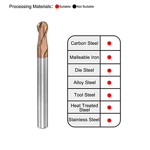 Image of uxcell Ball Nose End Mill 2.5mm Tip Radius Solid Carbide AlTiSin Coated CNC Router Bits 2 Flute Spiral Milling Cutter HRC55 with 5mm Shank 50mm (2-inch) Length