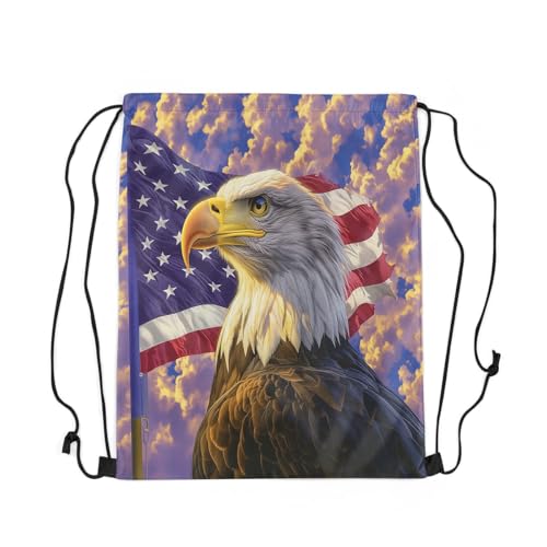 jejeloiu Eagle Drawstring Backpack 13"x15.7" American Flag Drawstring Bags 3D Animal Printed Sports Drawstring Sackpack Bird Decor Waterproof Cinch Bag Purple Blue Gym String Bag2