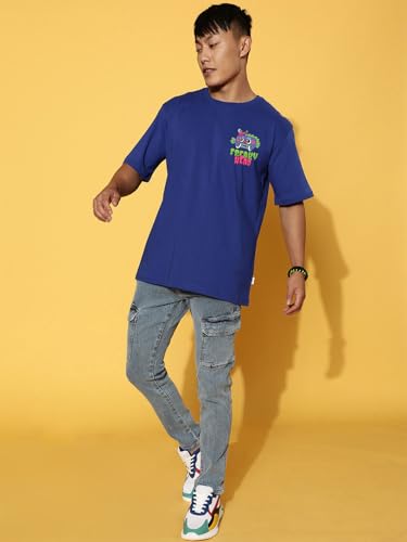 Image of Veirdo Pure Cotton Oversized Baggy Fit Drop Shoulder Stylish and Graphic Printed Round Neck Half Sleeves T-Shirt for Men (Available Color Options: Black, Green, Royal Blue, Lilac & Sky Blue)