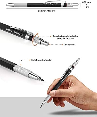 Nicpro 2mm Metal Mechanical Pencil Set, 2PCS Lead Holder 2.0 mm Artist Carpenter Pencil with 120PCS Graphite Lead Refills HB, 2H, 4H, 2B, 4B, 2 Eraser for Drafting, Drawing, Writing, Shading,Sketching