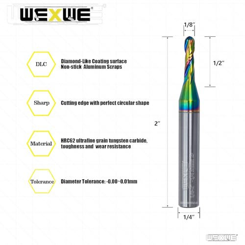 Image of Tools Extra Long Ball Nose Carbide End Mill, DLC Coating, CNC Cutting Tools for Aluminum and Wood Cutting, 3D Carving & Engraving. 2 Flute Router Bits,1 /4 Shank (1 /8-2 inch 1 /4Shank 2pcs