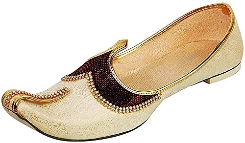 yash & co. Men's Ethnic Sherwani Juti, Mojari for Wedding and Party Occasions Golden and Red Wedding Mojari (Size 9UK)-picture-22