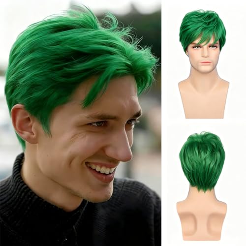 Sallcks Mens Green Wigs Short Layered Natural Cosplay Costume Halloween Synthetic Heat Resistant Replacement Wigs