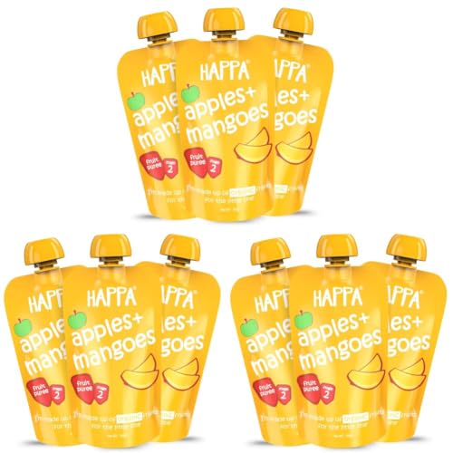 Image of Happa Organic Baby Food Apple and Mango Puree | 100% Fruits | No Added Sugar, No Milk Powder, No Preservatives | Stage 2 (6 Months+) | Ready to Eat | Free from Common Allergens | Pack of 9 (100g Each)