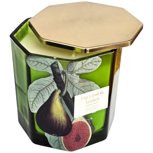 Habitat Fig Leaf & Amber Scented Candle, 2 Wick, Green Octagonal Glass Jar, Floral Fruity Scent