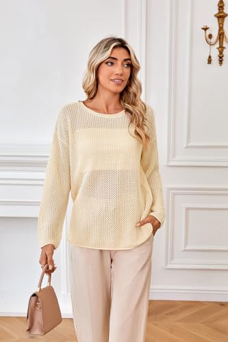 Arach&Cloz 2025 Womens Crochet Tops Wool Blended Sweaters Lightweight Long Sleeve Crew Neck Spring Fashion Knit Outfits2