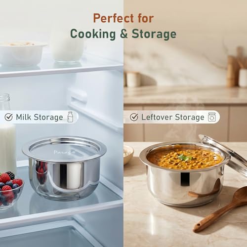 Image of Parage 2 Pieces Tri-Bond Stainless Steel Tope Set with Lid, 1 L, 1.3 L, Tri-Ply Bottom Patila, Bhagona /Bhigona Set for Gas & Induction Compatible, Boiling Cooking Pots (Size No. 11, 12)