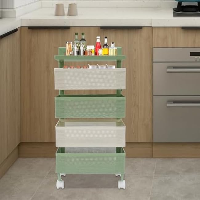 4 Tier Rotating Kitchen Storage Rack Cart with Wire Basket, Carbon Steel Fruit and Vegetable Baskets Bowls for Kitchen with Wheels & Top Lid, Rolling Storage Cart for Cans Snacks (Green)-FY7vWAWE