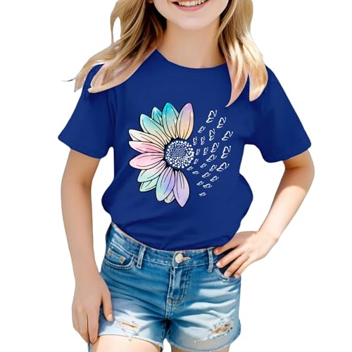 Girls Loose Fit Sunflower Graphic T Shirts Short Sleeve Crewneck Cute Pattern Printed Tops Kids (A-Blue, 4-5 Years)3