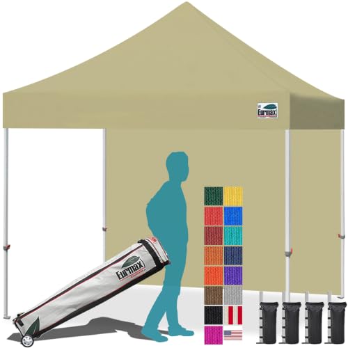 Eurmax USA 10x10 Pop Up Canopy with 1 Side Wall,Commercial Instant Tent for Outdoors,Patented No-Tip Rolling Storage Bag with 4 Sandbags,UV&Water Resistant,Heavy Duty Portable Shelter Gazebo,Beige