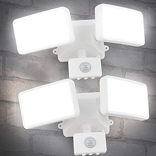 Depuley Lot de 2 spots LED 20 W avec détecteur de mouvement 180° - Blanc - Double tête - Multi-angle réglable - 5,11 x 3,14 pouces - Lampe Ass LED étanche...