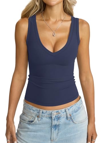 Image of Eachyes Womens V Neck Tank Tops Sleeveless Slim Fit Shirts Summer Going Out Fashion Outfit Clothes 2026