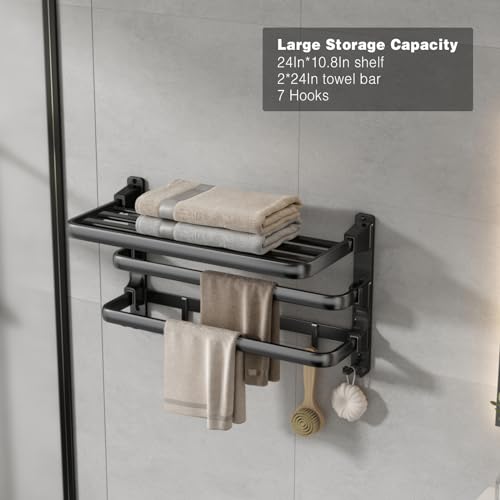 VOLDRA-24-Inch-Towel-RackBathroom-Towel-Shelf-with-2-Towel-Bar-Foldable-Towel-Holder-with-7-Hooks-Towel-Storage-Organizer-for-Bathroom-Lavatory-Wall-Mounted-Matte-Black