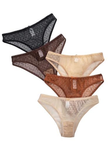 SOLY HUX Women's 5 Piece Mesh Sheer Briefs Panty Set Low Rise Underwear Panties Black Brown Multi S