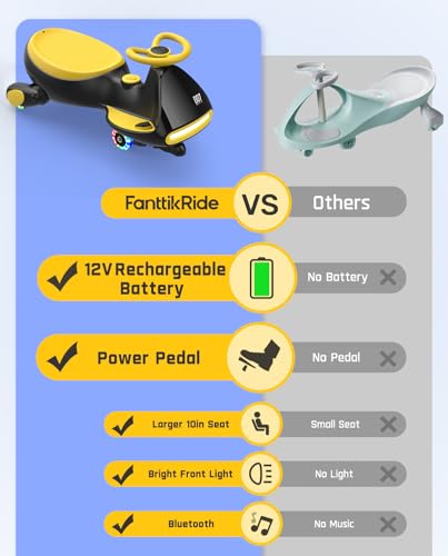FanttikRide N7 Pro Electric Wiggle Car with Pedal, Rechargeable Battery, CyberWiggle, 2 in 1 Swing Car, 2 Speed, Anti-Rollover, Flashing Wheels, Bluetooth, for Ages 3 and Up, 150 Lbs, Yellow
