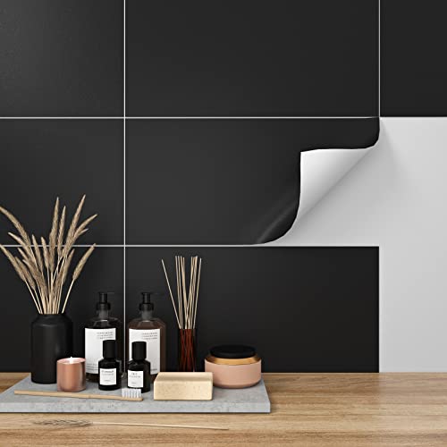 FunStick Credence Adhesive pour Cuisine Noir Mat, Lino Sol Carrelage Stickers Muraux pour Deco Salle de Bain, Protege Mur Cuisine Dalle PVC Adhesive Sol, Papier Peint Adhesif, 30x60cm 10 Pièces Cover