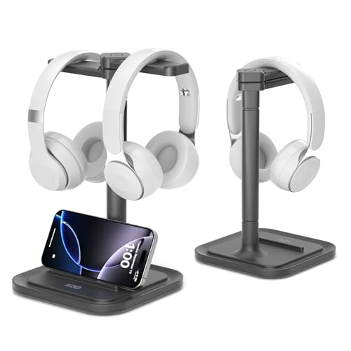 KDD Dual Headphone Stand for Desk - Rotatable Headset Hanger with Phone Holder - Removable Non-Slip Base for Gamers Desktop Accessories