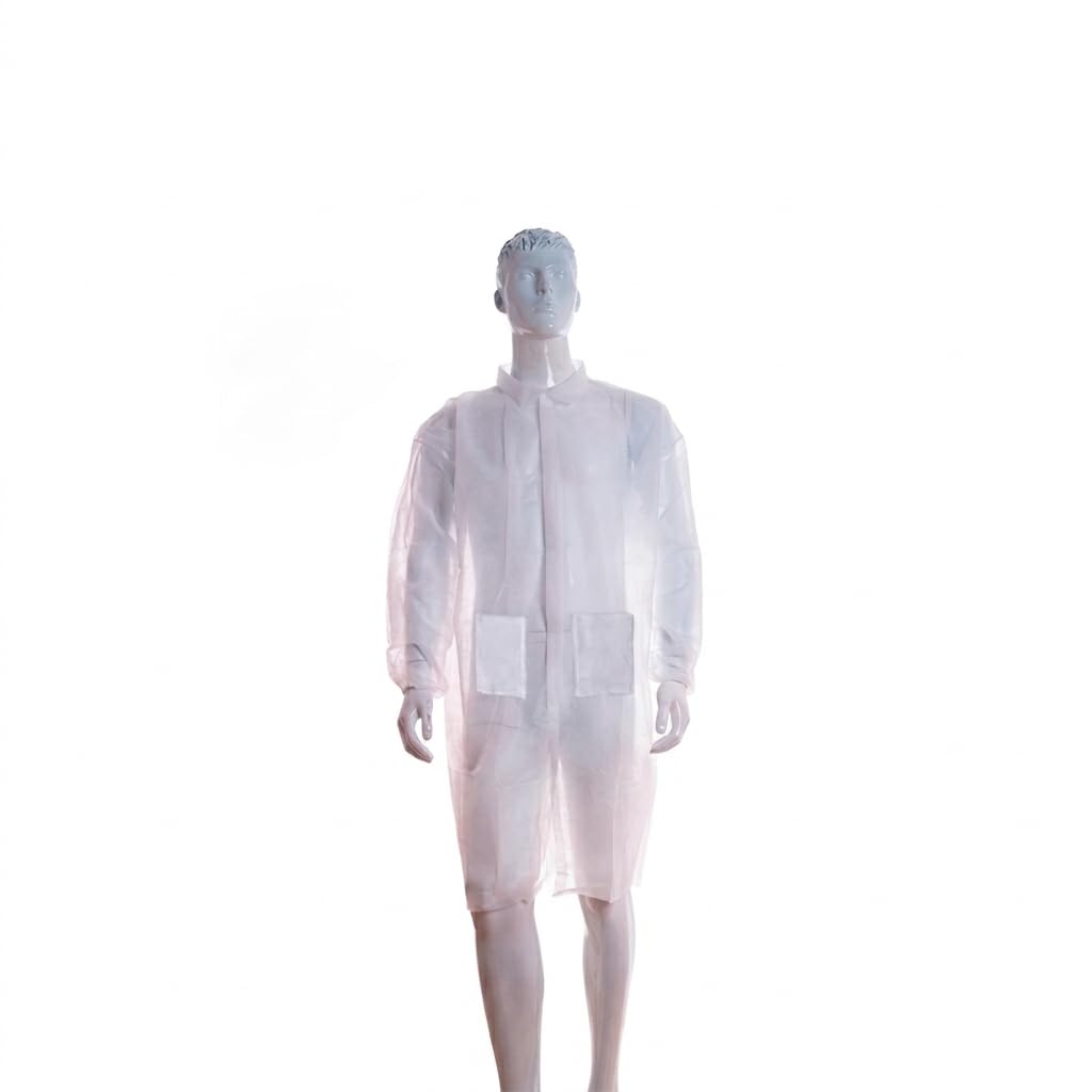 100 batas desechables de polipropileno 35 g blanco talla XL con bolsillos, cierre frontal de contacto tipo gancho y bucle, puños elásticos, cuello camisero, uso sanitario EPI Cat I