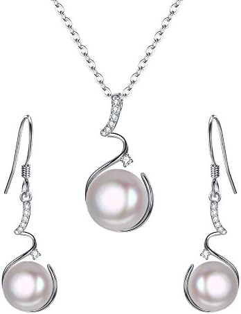 EleQueen 925 Sterling Silver Pearl Necklace Sets CZ Cream Freshwater Cultured Pearls Pendant Dangle Earrings Jewelry, Valentine's Day/Mother's Day/Christmas Jewelry Gift for Girlfriend/Mom