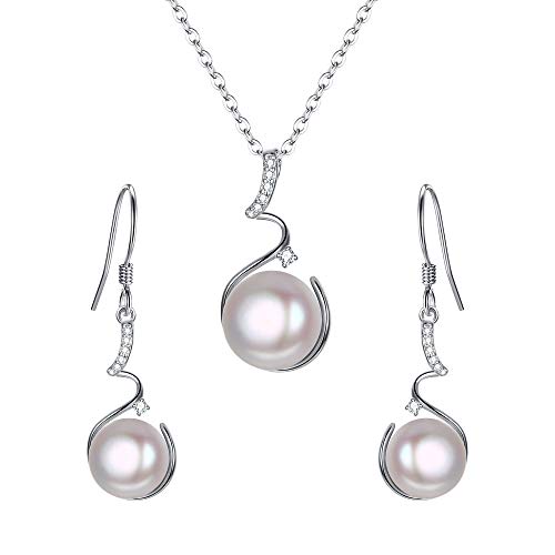 Elequeen 925 Sterling Silver Pearl Necklace Sets Cz Cream Freshwater Cultured Pearls Pendant Dangle Earrings Jewelry, Valentine's Day/Mother's Day/Christmas Jewelry Gift For Girlfriend/Mom #TOP3