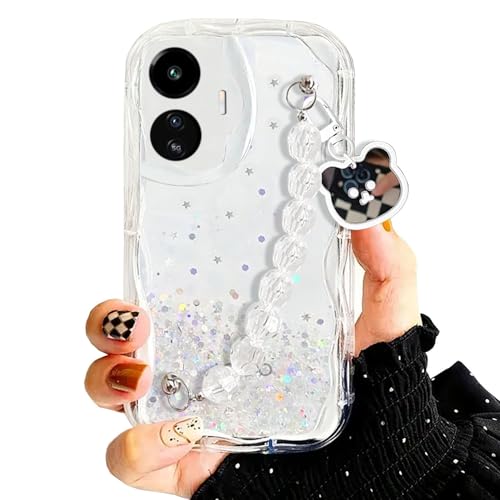 Image of KC Back Cover for iQOO Z6 Lite 5G & Vivo Y77 5G - 3D Curly Wave Dry Fixed Non Moving Glitter Bear Pendant Bracelet Shockproof Soft Silicone Camera Protection case (Transparent)