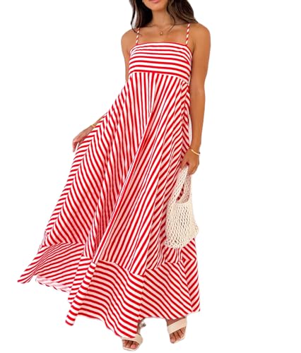 Image of NUFIWI Women Summer Striped Maxi Dress Spaghetti Strap Cutout Ruffle Long Dress Flowy Swing Beach Vocation Dress