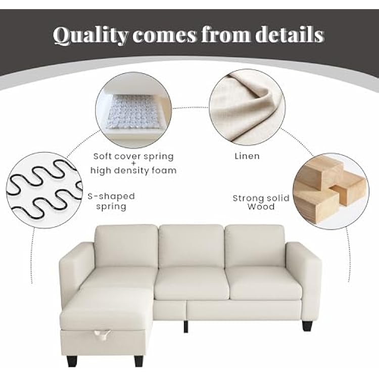 Sectional Sofa Couches for Living Room - L Shaped Cloud Couch-Small Modular 3 Seat-Comfy Linen with Storage Deep Seat Sofa,Washable Covers-Suitable for Living Room-Apartment-Office-Beige