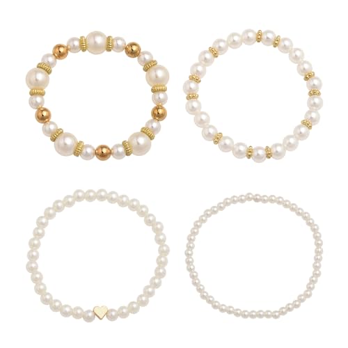 Layered Pearl Stretch Bracelets Set for Women Girls Stackable Bracelets for Women MultiLayer Pearl Bracelet for Women Wedding Bracelets for Brides Bridesmaids Bridal Adjustable Bracelet 4 Pcs