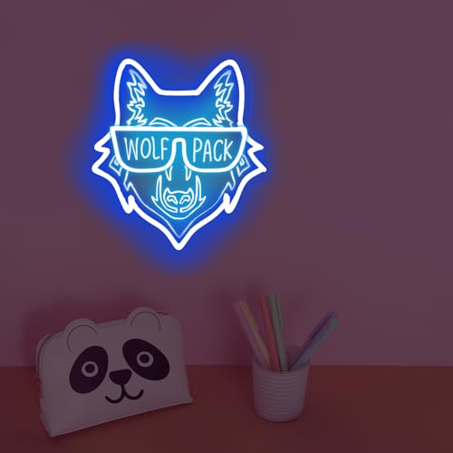 Image of Wolf Pack Family Neon Sign, Wild Animal Birthday Gift, Family Reunion LED Light, Animal Lover Decor, Wolf Lovers Gift, 14.4 inchx13 inch, Blue+Ice Blue