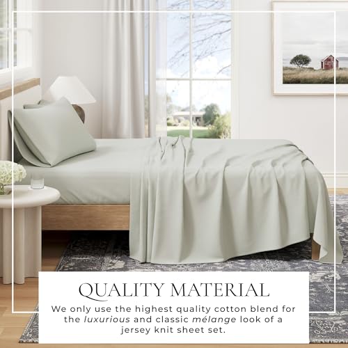 Image of Great Bay Home Cotton Jersey Knit Full Sheet Set - Ultra-Soft, Stretchy, Heathered Melange Bed Sheets - Cozy, Soft T-Shirt Sheet & Pillowcase Set (Green)