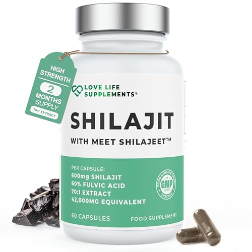 High Strength Shilajit Capsules 600mg 70:1 Himalayan Resin Extract 60% Fulvic Acid & 85+ Trace Minerals Vegan Energy Focus & Stamina Supplement 2 Month Supply UK Made Love Life Supplements