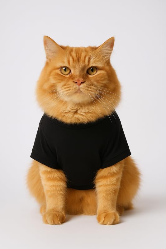Image of Thunder Tails Printed Cat T-Shirt for Small to Large Cats & Kittens | Lightweight Breathable Cotton Pet Apparel | Cute & Stylish, Comfortable Round Neck Cat Clothes (M, Black)