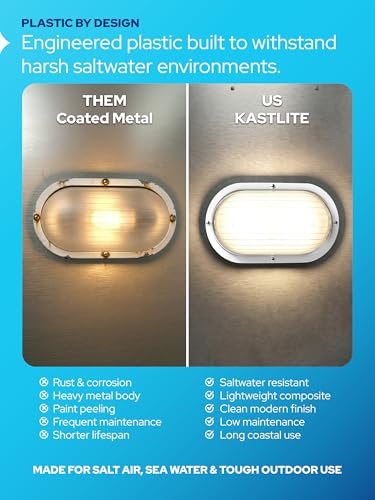 Image of KASTLITE Outdoor LED Bulkhead Light Fixture, 9.5W Energy Star 5000K Oval Wall Mount Nautical Lighting, Rust-Proof Polycarbonate Build for Wet Locations, Porch Patio Dock & Exterior Lights, FE101 /White