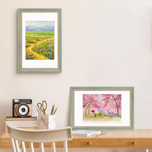 Image of Golden State Art,11x17 Ornate Picture Frame Holds 9x12 Photo,Blue Gold | Includes real glass front,white mat,build-in hangers and buttons.Displays 9x12 photo on wall